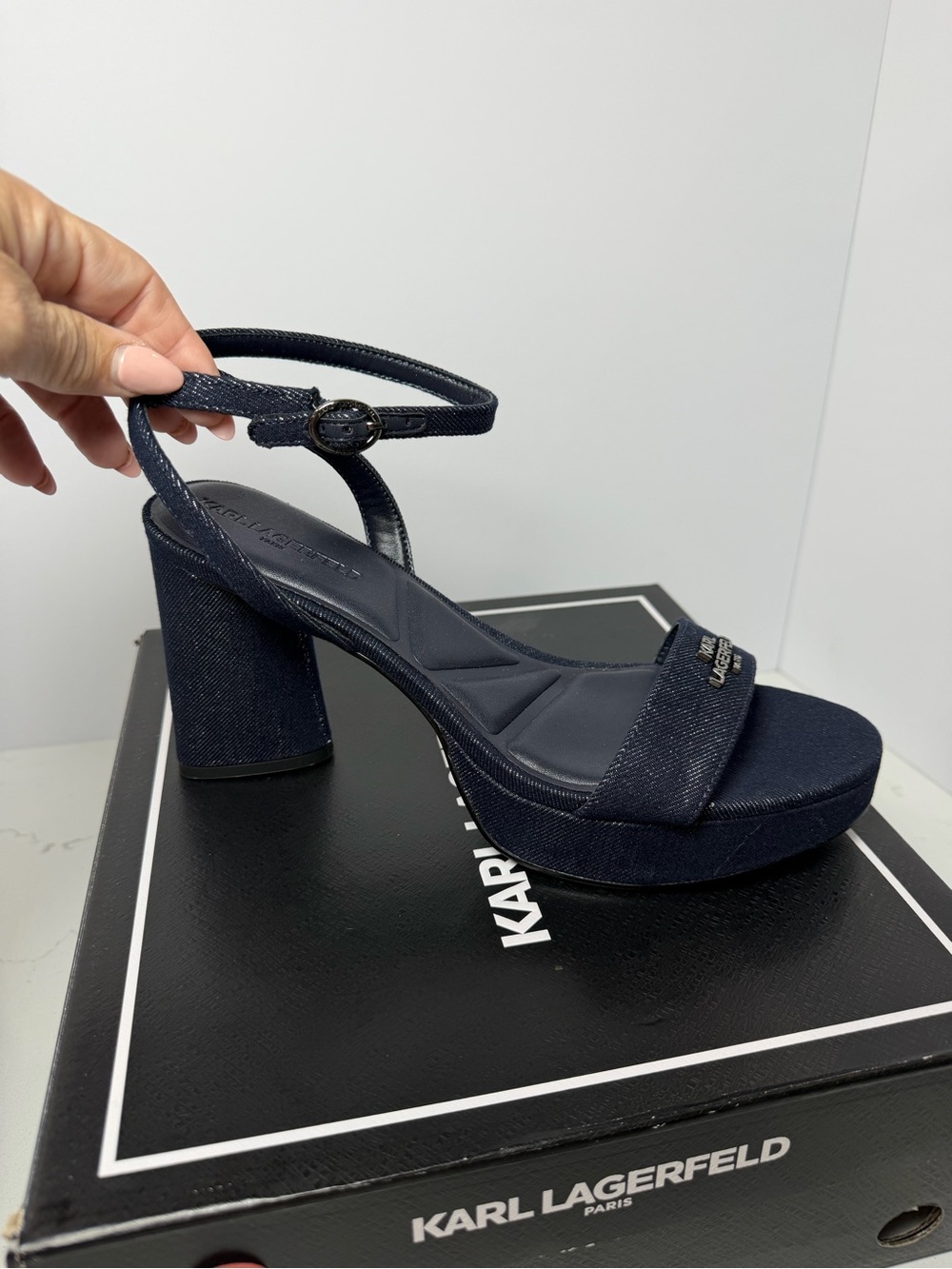 Karl Lagerfeld Haden Logo Iridescent Dark Navy Denim Platform Block Heel